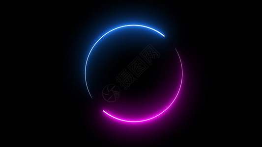 现代的圆图画框在孤立的黑色背景蓝和粉灯光下用两个语调亮色阴影运动图形绘制孤立的黑色背景上两阴颜图片用于3D重叠元素显示中空间技术图片