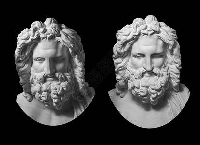 黑色的纪念碑古希腊神宙斯古希腊神祖斯两本古董雕像齐乌斯的头部被隔离在黑色背景的画家被孤立在一张黑色背景的人脸和胡子石膏雕像上古希图片