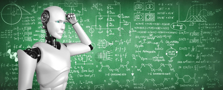男人有创造力的电脑ThinkingAI仿人机器分析屏幕的数学公式和科方程使用人工智能和机器学习过程进行第四次工业革命3D插图Th图片