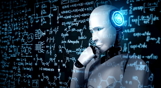 第4名未来派半机械人ThinkingAI仿人机器分析屏幕的数学公式和科方程使用人工智能和机器学习过程进行第四次工业革命3D插图T图片