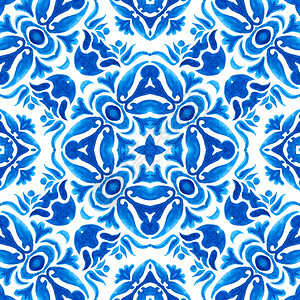 动机摩洛哥蓝色和白手画出无缝装饰水的蓝白手彩色图案织物和壁纸背景页数填充符状体Damask水彩牌图案的古老传统纹理绫图片