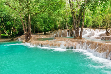 新鲜老挝LuangPrabang附近的热带雨林宽西连级瀑布中有着惊人的松绿水石美丽的图片