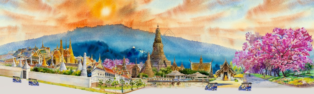 阿伦全景观望泰国著名地标的全景水彩色旅游美丽的绘画图示亚洲的地标建造佛教图片