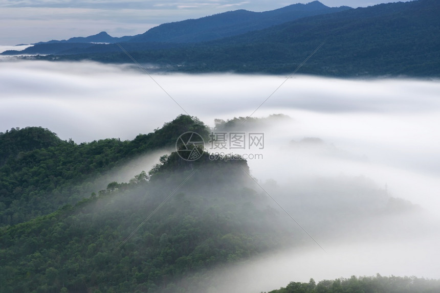 阴霾在山上绿林喷洒美丽的雾空中景象在泰兰以北的山脉上日出美丽雨林风景清晨有雾美丽的笼罩着山上绿森林季节泰国图片