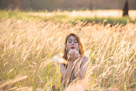草地夏天盛开的田野中快乐年轻女士在夜晚的阳光下从草上抽出手毛花荒野图片