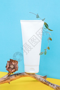 正面皮肤护理侘寂木棍上的一个白色空化妆品管瓶蓝色黄背景的角落空间中干花和桉树枝样机前视图复制空间图片