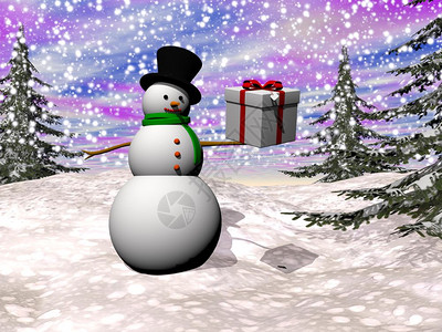 自然乡村的天气一位雪人站在冬天的风景中拿着一个礼物盒上面有落下的雪用美丽日落光照着山和fir树图片