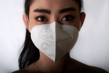 医疗的美丽演戏身戴医用面罩的亚洲年轻女近身穿上医疗面具N95以保护免受空气呼吸道疾病如灰色背景的流感共食19PM25粉尘和烟雾安图片