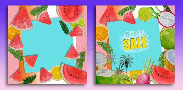 椰子片夏日水果边框彩色背景及海报设计图片