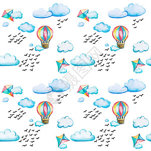 一种篮子无缝模式配有气球和风筝水彩卡通插图配有鸟群和白背景云层是儿童喜欢的无缝模式配有气球和风筝Name景观图片