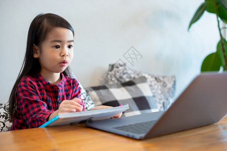 联系亚洲女孩或儿利用笔记本和技术在学校假期间线学习和家里看漫画进行家庭教育概念和活动亚洲女孩或儿使用笔记及技术在学校放假期间线学图片