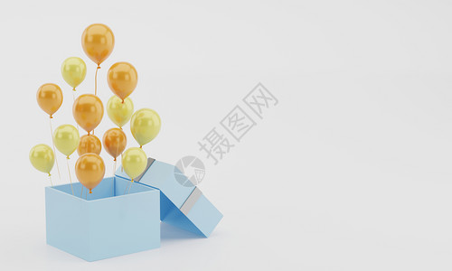 飞3d提供现实的开放礼品盒装有气球复制白色背景的空间存量插图生日乐趣图片