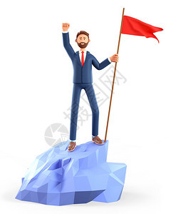 3D微笑的人举着红旗在山顶上挂着红旗的三维插图可爱漫画快乐的商人伸出手达到目标成功高峰领导概念使成为吊起客观的图片