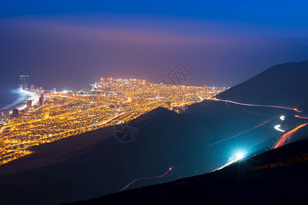 建筑物住宅智利阿塔卡马沙漠海岸伊基克港市空中观测智利黎明时分美国图片