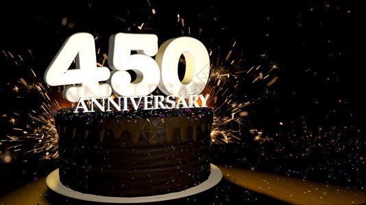 火焰明亮的周年纪念450卡圆形巧克力蛋糕装饰着蓝色红黄绿的糖衣杏仁木桌上有白色数字背景是人造火星和彩色糖衣丸落在桌子上3D插图周图片