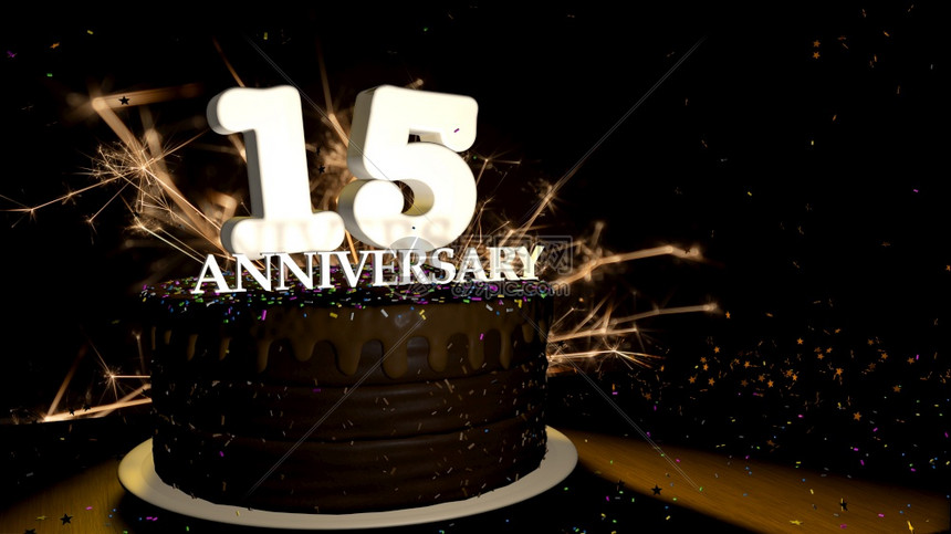 圆形的乐趣盘子周年纪念15卡圆形巧克力蛋糕装饰着蓝色红黄绿的糖衣杏仁木桌上有白色数字背景是人造火星和彩色糖衣丸落在桌子上3D插图图片