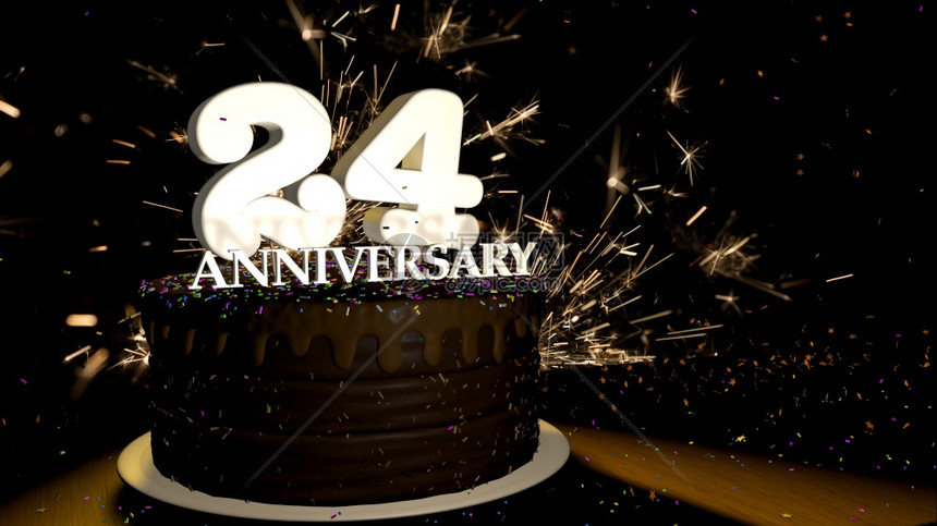 红色的火花周年纪念24卡圆形巧克力蛋糕装饰着蓝色红黄绿的糖衣杏仁木桌上有白色数字背景是人造火星和彩色糖衣丸落在桌子上3D插图周年图片