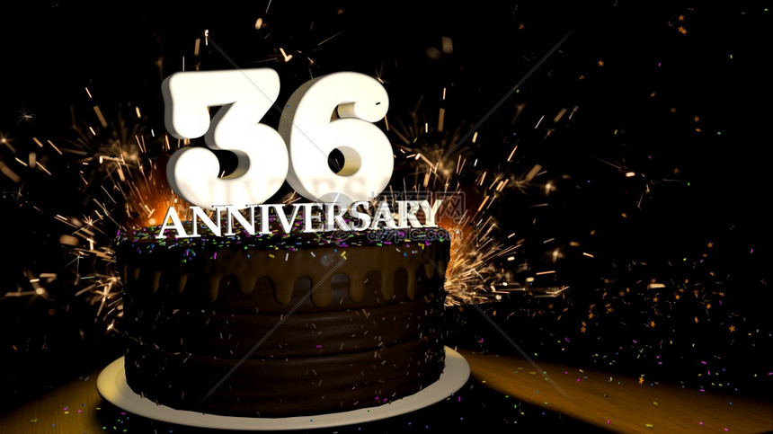 乐趣颜色周年纪念36卡圆形巧克力蛋糕装饰着蓝色红黄绿的糖衣杏仁木桌上有白色数字背景是人造火星和彩色糖衣落在桌子上3D插图周年纪念图片