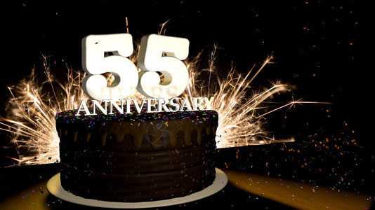 爆炸5周年纪念卡圆形巧克力蛋糕装饰着蓝色红黄绿的糖衣杏仁木桌上有白色数字背景是人造火星和彩色糖衣丸落在桌子上3D插图周年纪念贺卡图片