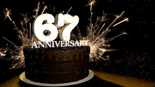 夜晚黑色的卡片周年纪念67卡圆形巧克力蛋糕装饰着蓝色红黄绿的糖衣杏仁木桌上有白色数字背景是人造火星和彩色糖衣丸落在桌子上3D插图图片