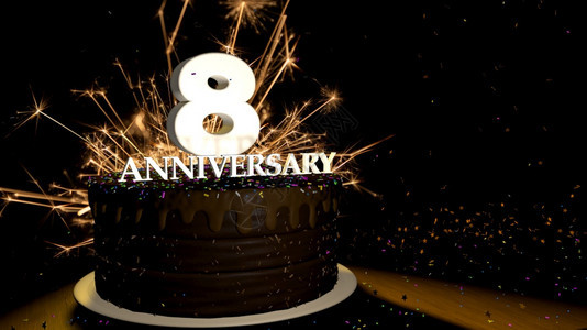派对周年纪念8卡圆形巧克力蛋糕装饰着蓝色红黄绿的糖衣杏仁木桌上有白色数字背景是人造火星和彩色糖衣丸落在桌子上3D插图周年纪念贺卡图片