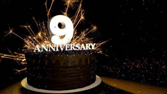 周年纪念9卡圆形巧克力蛋糕装饰着蓝色红黄绿的糖衣杏仁木桌上有白色数字背景是人造火星和彩色糖衣丸落在桌子上3D插图周年纪念贺卡巧克图片