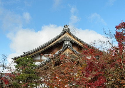 叶子建造在日本京都秋季方天南或泽林吉寺庙的日本佛教院屋顶遗产图片