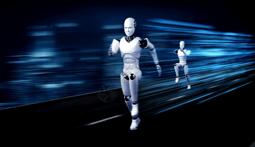 速度技术男人运行机器形显示快速运动和生命能量在未来创新发展的概念对AI大脑和人工智能思维通过机器学习3D插图运行机器人形显示快速图片