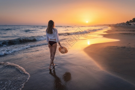 海滩上看夕阳的美女背影图片