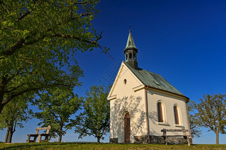 美丽的小教堂有树木和蓝色的天空BrnoLisen捷克圣母帮助基督徒教堂旅行雕像会图片