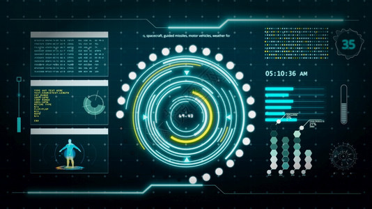信息展示HUD数字变换用户界面计算机屏幕显示其背景像素蓝色和黄抽象全息技术概念Scifi3D插图人造的图片