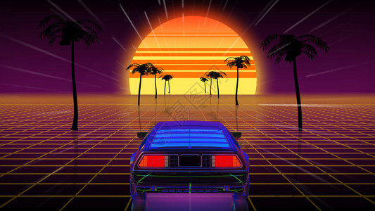 3D以虚拟空间80年代未来汽车的科幻小说风格在计算机空间中创造明亮的追溯世界背景对于任何专题介绍或你自己的图形项目来说都是完美的图片