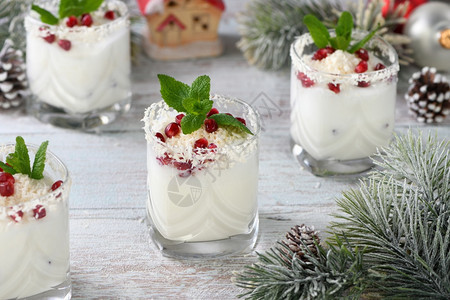 庆祝的白圣诞莫吉托由酒类龙舌兰椰子牛奶和石榴种椰片和清新薄荷制成饱和的喜庆图片