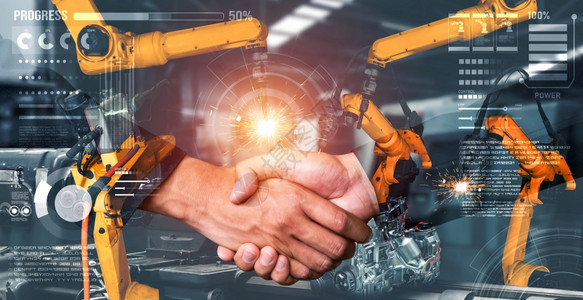 人们商成功的机械化工业器人手臂和商务握双曝光人工智能成功协议的概念用于未来工厂的业革命和自动化过程机械工业器人手臂和商务握双曝光图片