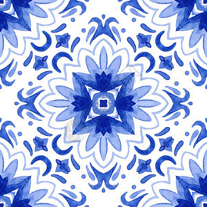 靛青伊卡特蓝色大坝的无缝模式印度神教复兴史上无缝图案伊迪戈复兴花状瓷砖装饰朵蓝色抽象纤维素背景葡萄牙文和西班陶瓷砖启发了精密无缝图片