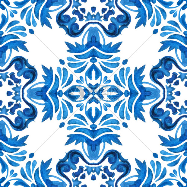 抽象的白色打印蓝水彩画背景印刷品枕头地表陶瓷砖用土木风格制作没有缝合板由Azulejo葡萄牙文和西班的蓝色白装饰品制成图片