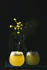 清爽喷溅两杯芬乃尔花鸡尾酒配有机蛋白芬乃尔花粉和美丽的夜晚阳光照亮了这个景象图片