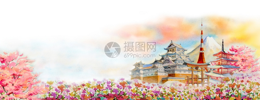 京都日本在亚洲水彩画图中著名的旅游里程碑富士山美丽的建筑有白色春天花广受欢迎的旅游景点商业城市白背景的春花和美丽建筑樱花绘画图片