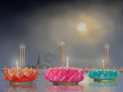 月亮水灯彩色画在Krathong和河流风景的多彩观中手绘图解泰国在亚洲最知名的里程碑地标亚洲寺庙图片