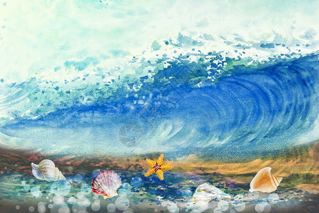 海水彩色绘画浪在上大波的浪暴背景情感喷洒在天空中画插图现代印刷崩溃危险的蓝色图片