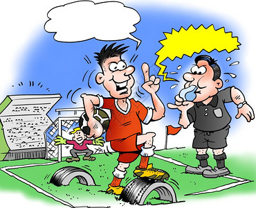 卡通插画一个足球运动员和一个足球场基地是用旧橡胶轮胎残留物制成的橄榄球场驾驶实习生微笑图片