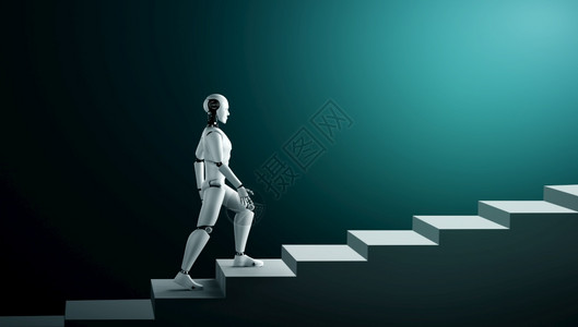 3D让机器人类体走上成功与实现目标的楼梯AI概念思考大脑和机器学习过程第四轮工业革命3D让机器人类体走上成功之路AI概念为第四轮图片