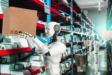 创新工业机器人在仓库工作以替代人智能概念用于业革命和自动化制造过程创新工业机器人在仓库工作以替代人手臂店铺数字的图片
