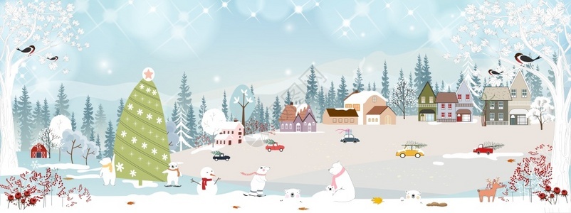 新的冬季风景庆祝圣诞节和新年与星空蓝天在村里夜间与星和蓝天一起欢庆圣诞节和新年横标的矢量者在乡村冬季奇幻园快乐的北极熊在公园中玩图片