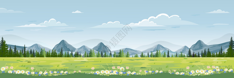 风景优美场平静的春季地有山蓝天空和云色的春地帕诺拉马绿田新鲜而和平的农村大自然春季以绿色草地为在春季和夏横幅上插画卡通矢量图图片