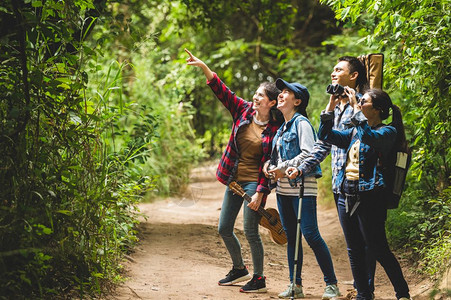 露营小组团队冒险在森林中徒步登山假期高清图片素材