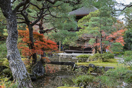 或者天空绿色在日本京都秋期间银殿寺或的幕庙图片