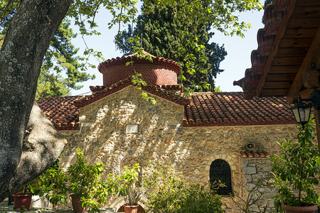树木希腊语东正教修道院MoniAgiouIoanniTheologou的小教堂在底比斯附近的Vagia村是圣约翰Theologo图片