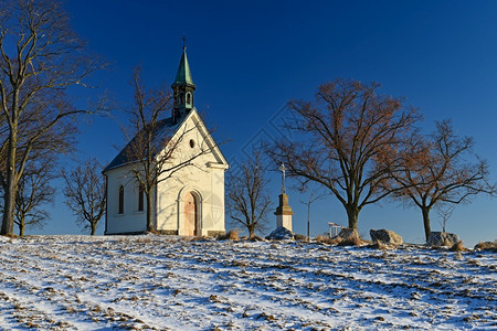 中央美丽的冬季风景教堂阳光的寒冬日Brno帮手圣母的丽索教堂环境城市的图片