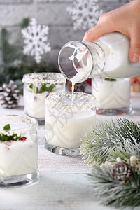 美食饮料鸡尾酒白圣诞莫吉托由柠檬龙舌兰椰子奶和石榴种椰片和清新薄荷制成开胃酒图片